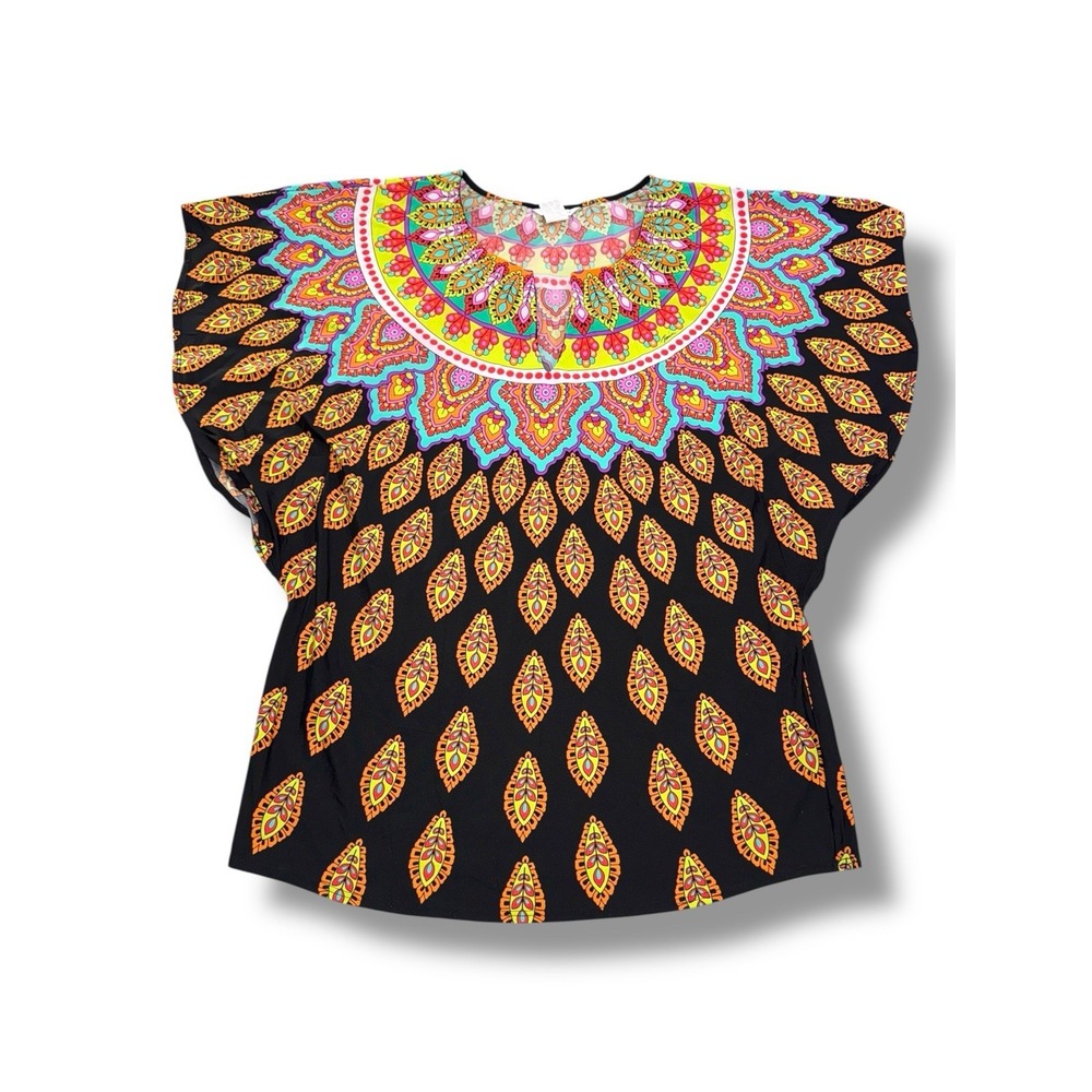 Trina Turk Kaftan Top Womens Small Black Multicolor Medallion Print Resortwear - Picture 2 of 9